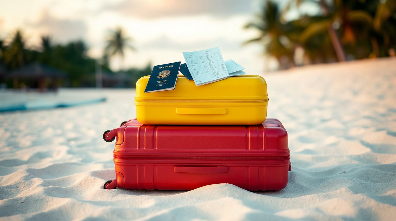 Maletas y pasaportes en la arena